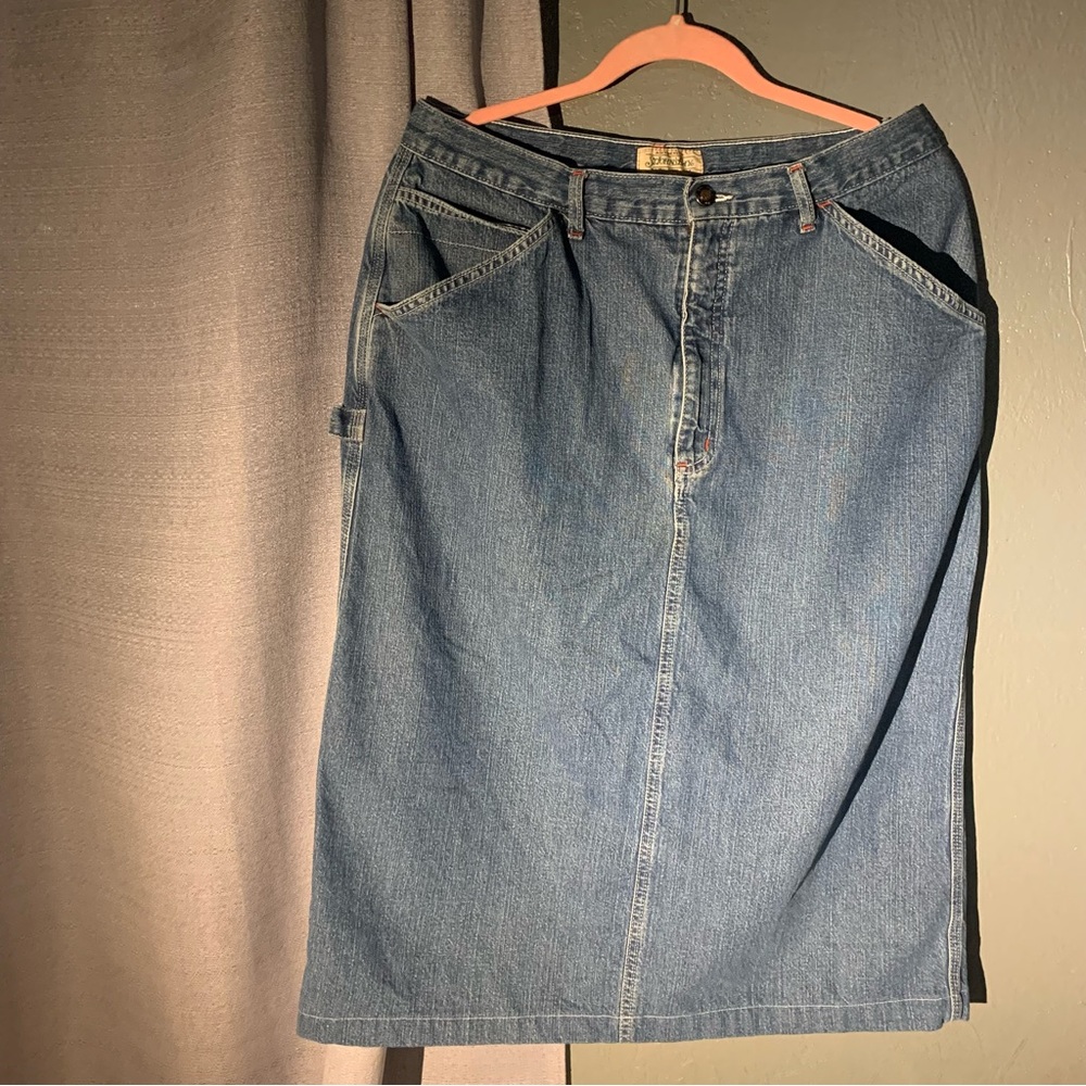 Long denim skirt by StJohn’sbay with slit. Size 16. Maxi cargo style